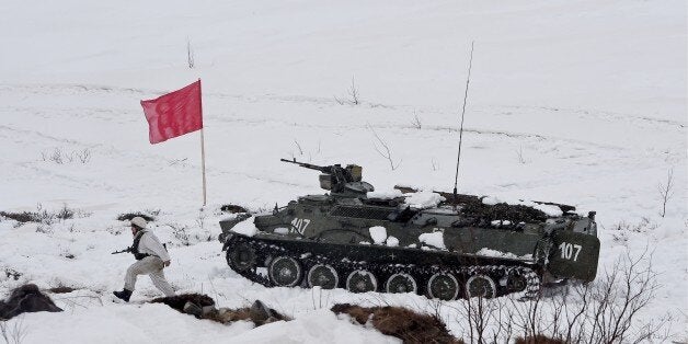 MURMANSK, RUSSIA - MARCH 16: Military vehicle during military training on Northern navy on March 16, 2015 in Murmansk, Russia. (Photo Anatoly Zhdanov/Kommersant Photo via Getty Images)