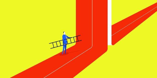 A businessman hold a ladder, he tried to break through barriers to move forward