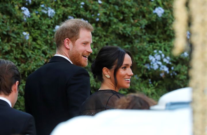The Duke and Duchess of Sussex arrive to attend the wedding of fashion designer Misha Nonoo at Villa Aurelia in Rome, Italy on Sept. 20. 