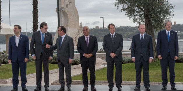 LISBON, PORTUGAL - JANUARY 28: From L to R: Greek Prime Minister Alexis Tsipras, Spanish Prime Minister Mariano Rajoy, French President Francois Hollande, Portuguese Prime Minister Antonio Costa, President of Cyprus Nicos Anastasiades, Malta's Prime Minister Joseph Muscat and Prime Minister of Italy Paolo Gentiloni pose for the family photo at the Southern EU Countries Summit on January 28, 2017 in Lisbon, Portugal. The summit, hosted by the Portuguese Government, is being held to address EU cha