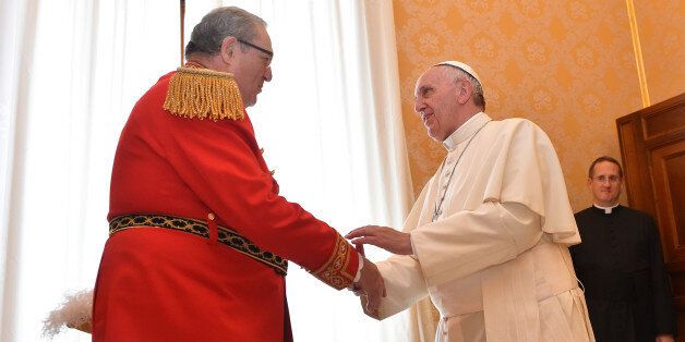 VATICAN CITY, VATICAN - JUNE 23: Pope Francis meets Prince and Grand Master of the Sovereign Military Order of Malta Fra' Matthew Festing, on June 23, 2016 in Vatican City, Vatican. (Photo by Vatican Pool/Corbis via Getty Images)