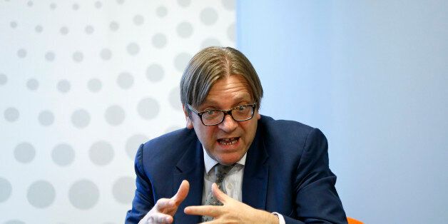 Guy Verhofstadt, former Belgian prime minister and leader of the liberals in the European Parliament, takes part in a debate on the future of Europe and the European Union at Thomson Reuters office in Brussels December 5, 2013. REUTERS/Yves Herman (BELGIUM - Tags: POLITICS)
