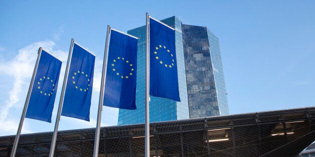 European Union flags in front of the European Central Bank, Frankfurt