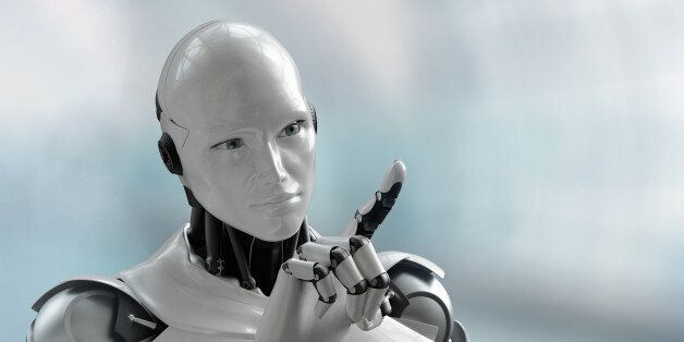 3D visual of a humanoid robot pointing/touching the screen