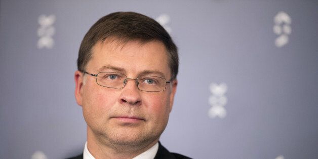 Valdis Dombrovskis, vice president of the European Commission, listens during a press conference following a meeting of European finance ministers in Bratislava, Slovakia, on Friday, Sept. 9, 2016. Euro-area finance ministers signaled that the European Union would become more unified as it looks for fresh ways forward in the wake of a planned U.K. exit from the bloc. Photographer: Jasper Juinen/Bloomberg via Getty Images
