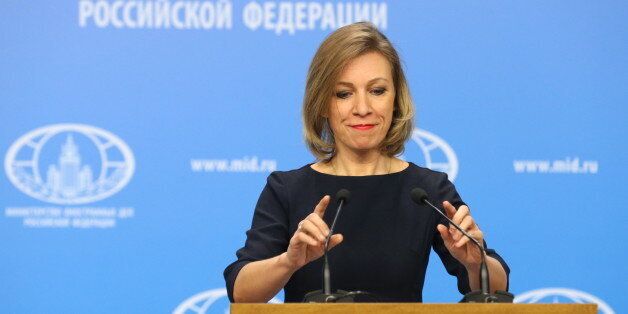 MOSCOW, RUSSIA - JANUARY 19, 2017: Russian Foreign Ministry Spokesperson Maria Zakharova adjusts microphones before a press briefing on Russia's foreign policy. Mikhail Pochuyev/TASS (Photo by Mikhail Pochuyev\TASS via Getty Images)