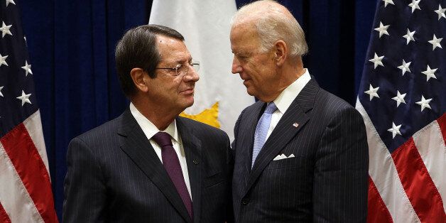 NEW YORK, NY - SEPTEMBER 26: Vice President Joe Biden meets with President of Cyprus Nicos Anastasiades at the United Nations on September 26, 2014 in New York City. World leaders, activists and protesters have converged on New York City for the annual UN General Assembly that brings together global leaders for a week of meetings and conferences. (Photo by Spencer Platt/Getty Images)