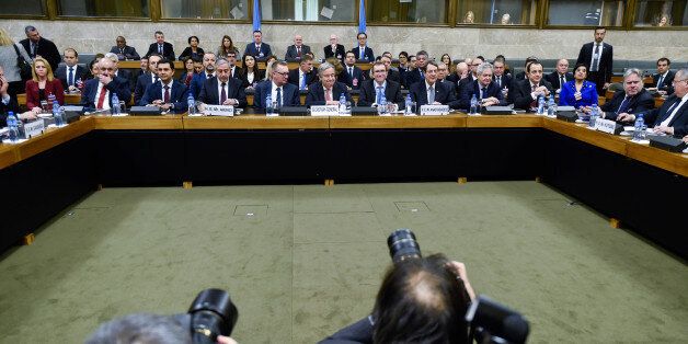 Turkish Cypriot leader Mustafa Akinci, UN Secretary-General Antonio Guterres and Cypriot President Nicos...