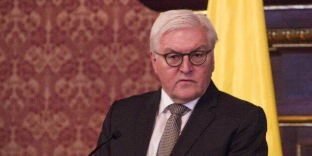 BOGOTA, COLOMBIA - JANUARY 13: German Foreign Minister Frank-Walter Steinmeier and Colombian Foreign Minister Maria Angela Holguin (not seen) hold a joint press conference after a meeting at San Carlos Palace in Bogota, Colombia on January 13, 2017. (Photo by Daniel Garzon/Anadolu Agency/Getty Images)