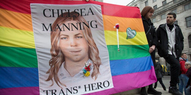 Demonstration for Chelsea Manning in London, England, United Kingdom. Chelsea Manning (born Bradley Edward Manning) is a United States Army soldier who was convicted by court-martial in July 2013 of violations of the Espionage Act and other offenses, after disclosing to WikiLeaks nearly three-quarters of a million classified or unclassified but sensitive military and diplomatic documents. Manning was sentenced in August 2013 to 35 years imprisonment, with the possibility of parole in the eighth year, and to be dishonorably discharged from the Army. Manning is a trans woman who, in a statement the day after sentencing, said she had felt female since childhood, wanted to be known as Chelsea, and desired to begin hormone replacement therapy. From early life and through much of her Army life, Manning was known as Bradley; she was diagnosed with gender identity disorder while in the Army. (photo by Mike Kemp/In Pictures via Getty Images)