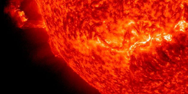 The Sun erupted with two prominence eruptions, one after the other over a four-hour period, as pictured in this NASA handout photo taken on November 16, 2012. The action was captured in the 304 Angstrom wavelength of extreme ultraviolet light. It seems possible that the disruption to the Sun?s magnetic field might have triggered the second event since they were in relatively close proximity to each other. The expanding particle clouds heading into space do not appear to be Earth-directed. REUTERS/NASA/SDO/Steele Hill/Handout (UNITED STATES - Tags: SCIENCE TECHNOLOGY) FOR EDITORIAL USE ONLY. NOT FOR SALE FOR MARKETING OR ADVERTISING CAMPAIGNS. THIS IMAGE HAS BEEN SUPPLIED BY A THIRD PARTY. IT IS DISTRIBUTED, EXACTLY AS RECEIVED BY REUTERS, AS A SERVICE TO CLIENTS