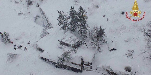 ABRUZZO, ITALY - JANUARY 19 : A handout picture provided by the Italian Fire Department shows an aerial view of hotel Rigopiano after it was hit by an avalanche in Farindola (Pescara), Abruzzo region, early 19 January 2017. (Photo by ITALIAN FIRE DEPARTMENT / HANDOUT/Anadolu Agency/Getty Images)
