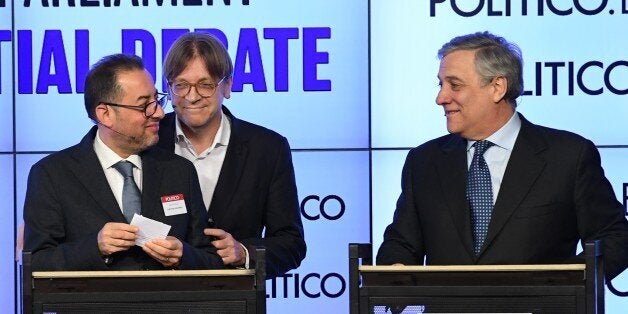 European Parliament candidates (L-R) Gianni Pittella, Guy Verhofstad and Antonio Tajani take part in a debate ahead of the upcoming elections to become the new head of the European Parliament, in Brussels, on January 11, 2017. Elections to elect a new European Parliament president are set to take place in Strarbourg on January 17, 2017 to replace outgoing president Martin Schullz. / AFP / EMMANUEL DUNAND (Photo credit should read EMMANUEL DUNAND/AFP/Getty Images)