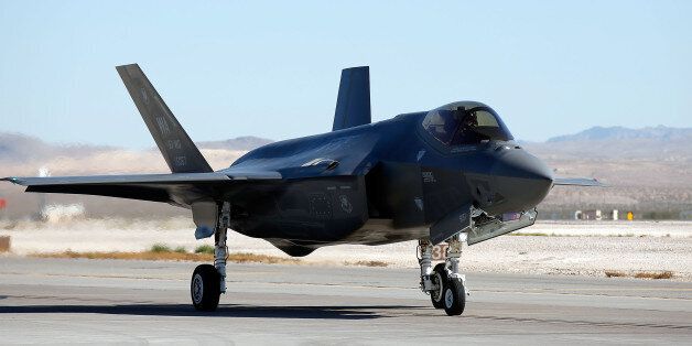 LAS VEGAS, NV - NOVEMBER 11: An F35 Lighting II taxis on the runway prior to an unveiling of Madame Tussauds all-American hero Captain America at Nellis Air Force Base on November 11, 2016 in Las Vegas, Nevada. (Photo by Isaac Brekken/Getty Images for Madame Tussauds Las Vegas)