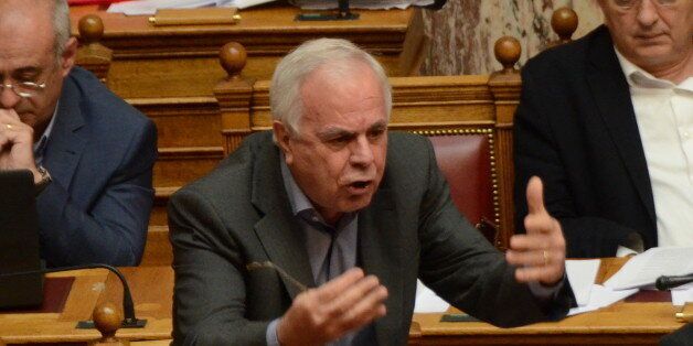 ATHENS, GREECE - 2016/05/08: Minister of Agricultural Development and Food Evangelos Apostolou talks at the Greek parliament.Greek lawmaker voted in the Greek parliament for new reforms in the pensions and the tax collection system. (Photo by George Panagakis/Pacific Press/LightRocket via Getty Images)