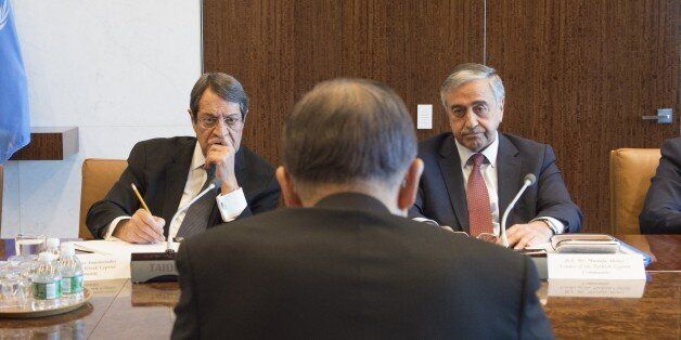 NEW YORK, USA - SEPTEMBER 25: Turkish Republic of Northern Cyprus President Mustafa Akinci (R), United Nations Secretary General Ban Ki-moon (C) and Greek Cypriot leader Nikos Anastasiadis (L) are seen during their meeting in New York on September 25, 2016. (Photo by UN Photo / Isaac Billy/Anadolu Agency/Getty Images)