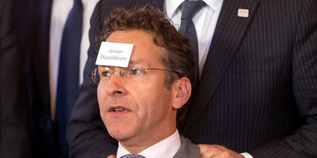 Netherlands State Secretary of Finance Jeroen Rene Dijsselbloem has his name stuck to his head as they pose with Finance ministers of EU countries and other participants for a group photo during an Informal Meeting of Ministers for Economic and Financial Affairs (Informal ECOFIN) in Bratislava, Slovakia on September 09, 2016. / AFP / VLADIMIR SIMICEK (Photo credit should read VLADIMIR SIMICEK/AFP/Getty Images)