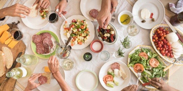 USA, New Jersey, Jersey City, Friends having dinner together