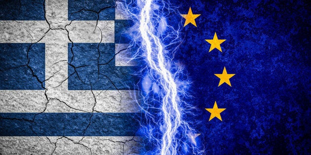 Greek crisis concept illustration. Greek and Eu flags divided by lightning