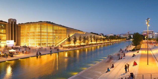 Athens, Greece - August 28, 2016: View of Stavros Niarchos Foundation Cultural Center in city of Athens. These buildings were designed by architect Renzo Piano.