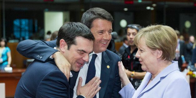 Brussels, Belgium, June 25, 2015. -- Greece Prime Minister Alexis Tsipras (L) is talking with the Italian Prime Minister Matteo Renzi (C) and the German Chancellor Angela Merkel (R) during an EU chief of state summit in the EU Council headquarter. (Photo by Thierry Tronnel/Corbis via Getty Images)