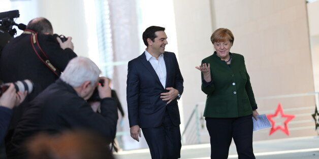 BUNDESKANZLERAMT, WILLY-BRANDT-STRAÃE 1, BERLIN, BERLIN-MITTE, GERMANY - 2016/12/16: Chancellor Merkel receives the Greek Prime Minister, Alexis Tsipras, in the Chancellery to discuss about international and Euro-political issues. (Photo by Simone Kuhlmey/Pacific Press/LightRocket via Getty Images)