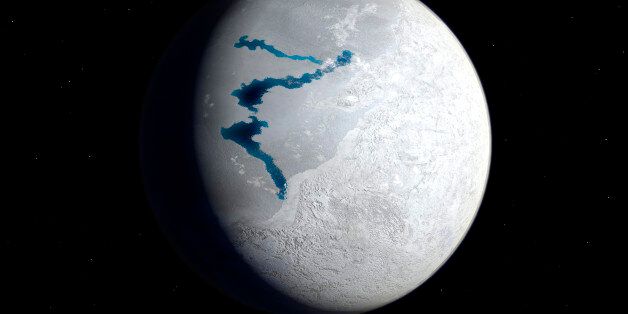 This is how the Earth may have appeared about 650 million years ago during a period when snow and ice may have covered most, if not all, of the Earth's surface and oceans. This image suggests the Earth's appearance during the Marinoan glaciation from 650 to 630 million years ago. The southern and eastern hemispheres are dominated by glacier-covered land masses while the opposing hemisphere is frozen ocean save for a few areas of exposed liquid water, AKA refugia for the Earth's surviving soft-bodied multicellular organisms. In addition to the Marinoan glaciation there may have been at least two, and possibly three previous Proterozoic glacial periods going back to two billion years ago. The causes of these snowball periods are unknown but may have been due to massive volcanic eruptions, massive meteoritic impacts (both resulting in global sun-reflecting ash clouds), or variance's in the Earth's orbit.