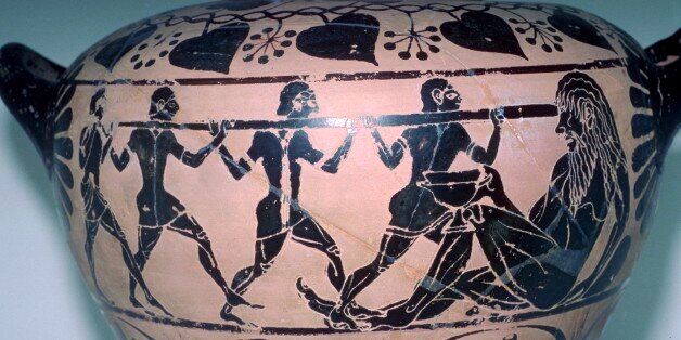 Polyphemus is having his eye put out by Odysseus and his companions. This vase is from an Etruscan tomb. (Photo by CM Dixon/Print Collector/Getty Images)