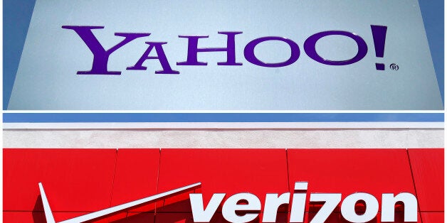 A combination photo shows Yahoo logo in Rolle, Switzerland (top) in 2012 and a Verizon sign at a retail store in San Diego, California, U.S. In 2016. REUTERS/File Photos