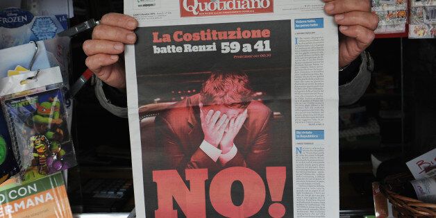 LIVORNO, ITALY - DECEMBER 05: Italian newspapers show the title ''No!' and Prime Minister Renzi on its front pages the day after the constitutional referendum on December 5, 2016 in Livorno, Italy. The result of the government referendum to change the constitution was considered crucial for the political future of Italy and for the personal future of its Prime Minister Matteo Renzi. (Photo by Laura Lezza/Getty Images)