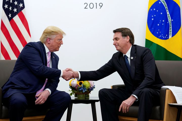 President Donald Trump and Brazilian President Jair Bolsonaro shake hands during a bilateral meeting at the G-20 leaders summit in Osaka, Japan, on June 28, 2019.