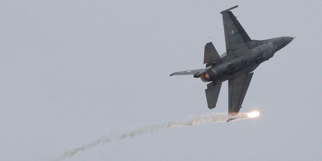 A Hellenic Air Force F-16 takes part at the annual military parade in the northern Greek port city of Thessaloniki, Oct. 28, 2016. The parade is held to celebrate Greece's refusal to align itself with a belligerent fascist Italy in 1940 and instead fight a much stronger opponent, a decision which dragged it into World War II and eventually led to a brutal occupation by Nazi Germany. Thessaloniki also celebrates the day of it's independance on 26 of October in 1912.(Photo by Nicolas Economou/NurPhoto via Getty Images)