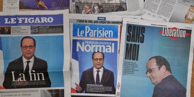A picture taken on December 2, 2016 shows frontpages of French newspapers (From L) Le Figaro, Le Parisien and Liberation featuring headlines and pictures on French President Francois Hollande following his announcement of his renouncement to run for the next French presidential elections.French President Francois Hollande's dramatic decision not to seek a second term next year leaves the leftwing field open in an election that is proving increasingly unpredictable. Hollande announced on December 1, 2016 he would not seek re-election next April, bowing to historic low approval ratings. / AFP / OLIVIER MORIN (Photo credit should read OLIVIER MORIN/AFP/Getty Images)
