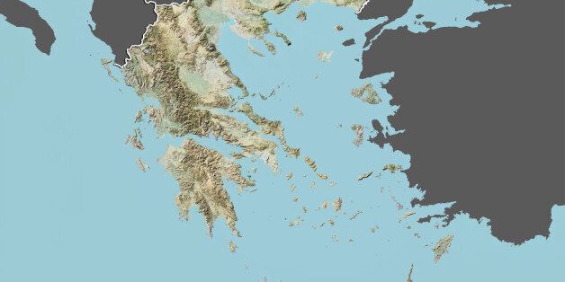 Relief map of Greece (with border and mask). This image was compiled from data acquired by landsat 5 & 7 satellites combined with elevation data.