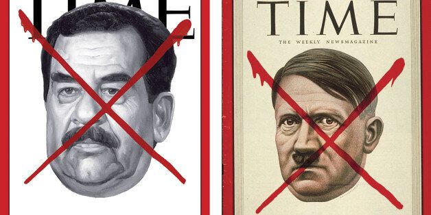 This week's TIME magazine's April 21, 2003 issue (L) has a drawing ofSaddam Hussein's face with a red 'X' painted over it. An issue 58 yearsago on May 7, 1945 had Adolf Hitler's face on the magazine with red 'X'as well. REUTERS/TIME/HandoutHK