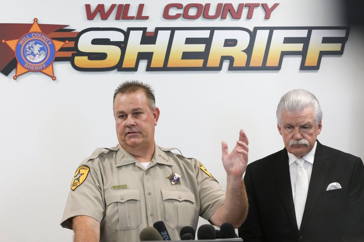 Will County Sheriff Mike Kelley, left, at a news conference Thursday with Will County State's Attorney James Glasgow in Joliet, Illinois.