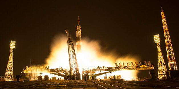 BAIKONUR, KAZAKHSTAN - NOVEMBER 18: In this one second exposure photograph, the Soyuz MS-03 spacecraft is seen launching from the Baikonur Cosmodrome with Expedition 50 crewmembers NASA astronaut Peggy Whitson, Russian cosmonaut Oleg Novitskiy of Roscosmos, and ESA astronaut Thomas Pesquet from the Baikonur Cosmodrome in Kazakhstan, Friday, Nov. 18, 2016, (Kazakh time) (Nov 17 Eastern time). Whitson, Novitskiy, and Pesquet will spend approximately six months on the orbital complex. (Photo by Bill Ingalls/NASA via Getty Images)