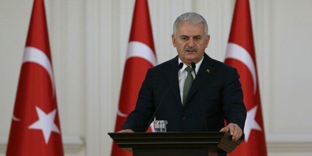 ANKARA, TURKEY - NOVEMBER 24 : Prime Minister of Turkey, Binali Yildirim addresses a speech to the teachers from 81 different cities of the country during a lunch, organized within the ceremonies, marking November 24 Teachers' Day, at Cankaya Palace in Ankara, Turkey on November 24, 2016. (Photo by Utku Ucrak/Anadolu Agency/Getty Images)