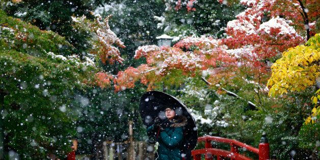 A visitor takes a photo in the snow at the Tsurugaoka Hachimangu Shrine in Kamakura, near Tokyo, Thursday, Nov. 24, 2016. Tokyo residents woke up Thursday to the first November snowfall in more than 50 years. (AP Photo/Shizuo Kambayashi)