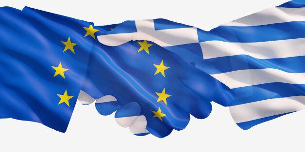 EU and Greece flags with a handshake on a white background