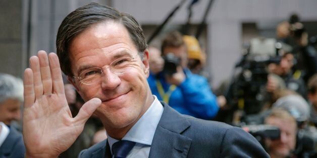 Netherland's Prime minister Mark Rutte gestures as he arrives for the second day of an European Union leaders summit to discuss Syria, relations with Russia, trade and migration, on October 21, 2016 at the European Council, in Brussels. / AFP / BELGA / THIERRY ROGE / Belgium OUT (Photo credit should read THIERRY ROGE/AFP/Getty Images)