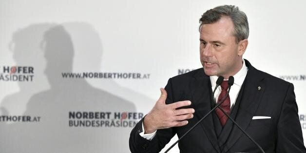 Norbert Hofer, presidential candidate of Austria's right-wing Freedom Party, FPOE, gives a speech during the FPOE's last election campaign rally in Vienna, Austria on December 2, 2016, two days before presidential elections.Irregularities in ballot counting, faulty glue and over 350 days of mud-slinging -- Austria's presidential race has turned into a marathon slugfest pitting far-right hopeful Norbert Hofer against Greens-backed Alexander Van der Bellen. / AFP / APA / HANS KLAUS TECHT / Austria OUT (Photo credit should read HANS KLAUS TECHT/AFP/Getty Images)