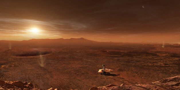The Mars Exploration Rover Spirit is dwarfed by the desolate Martian desert in Gusev Crater as she makes steady progress towards the distant Columbia Hills.