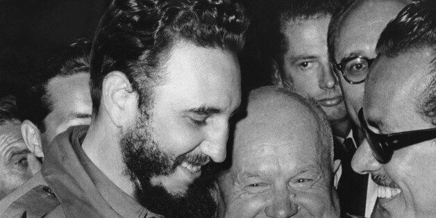 FILE - In a Sept. 20, 1960 file photo, Cuban leader Fidel Castro, left, and Soviet leader Nikita Khrushchev hug at the United Nations. On Sept. 26, 1960, Castro denounced the United States in the longest timed speech ever in the U.N. General Assembly, 4 hours and 29 minutes. In the rambling speech, Castro defended Cuba's links to the Soviet Union, expressed serious concern that America's