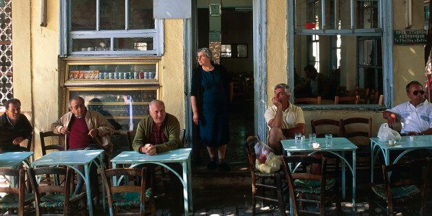 Group of people sitting in a coffee shop, Agiassos, Lesbos, Aegean Islands, Northern Aegean, Greece