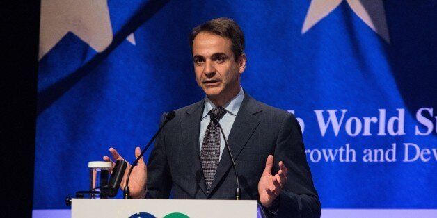 ATHENS - GREECE, NOVEMBER 3: Kyriakos Mitsotakis, President of New Democrasy Party and Leader of the Opposition of the Hellenic Republic, gives speech during the EU-Arab World Summit in Athens, Greece on November 3, 2016 (Photo by Andreas Papakonstantinou/Anadolu Agency/Getty Images)
