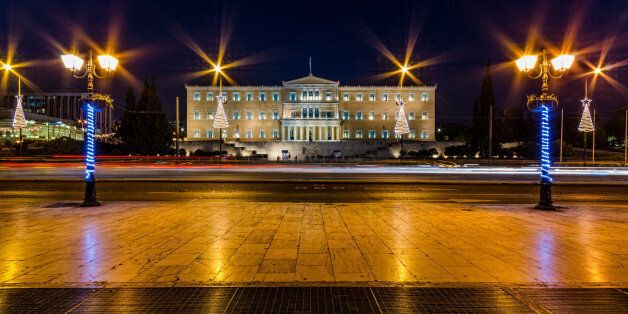 The Greek Parliament at night with Christmas mood