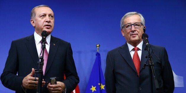 BRUSSELS, BELGIUM - OCTOBER 05: Turkish President Recep Tayyip Erdogan (L) meets with European Commission President Jean-Claude Juncker (R) at the EU headquarters in Brussels, Belgium on October 05, 2015. (Photo by Kayhan Ozer/Anadolu Agency/Getty Images)