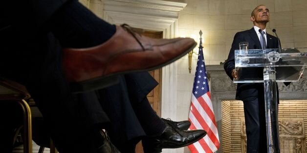 US President Barack Obama holds a press conference with the Greek prime minister (not seen) at the Maximos Mansion in Athens on November 15, 2016. / AFP / Brendan Smialowski (Photo credit should read BRENDAN SMIALOWSKI/AFP/Getty Images)