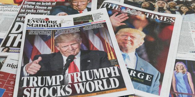 LONDON, ENGLAND - NOVEMBER 09: UK newspapers The Sun, The Times and The Evening Standard feature Donald Trump's victory in the US Presidential elections on their front pages on November 9, 2016 in London, England. The American public have voted for the Republican candidate Donald Trump to be the 45th President of the United States. After 46 of the 50 States declared he had 278 of the 538 electoral college votes and Hillary Clinton conceded defeat in a telephone call. British Prime Minister Theresa May congratulated Trump releasing a statement promising to work with him to build on the special relationship between the UK and the USA. (Photo by Tristan Fewings/Getty Images)